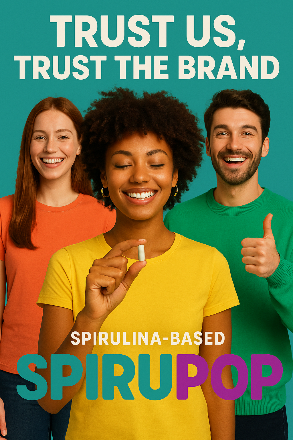 Woman smiling after taking SpiruPop capsule