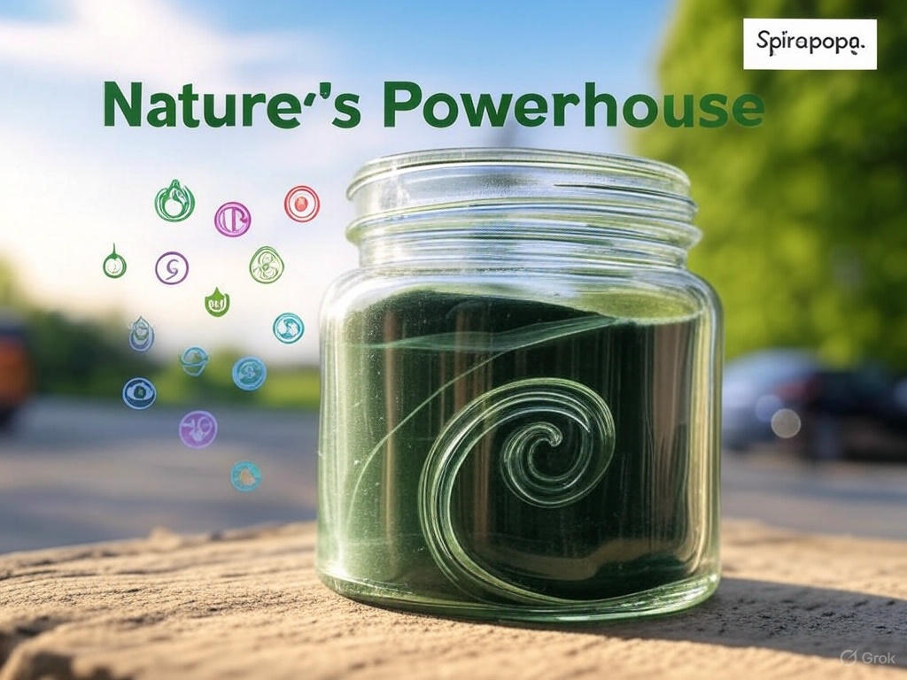 Fresh spirulina powder in a wooden spoon
